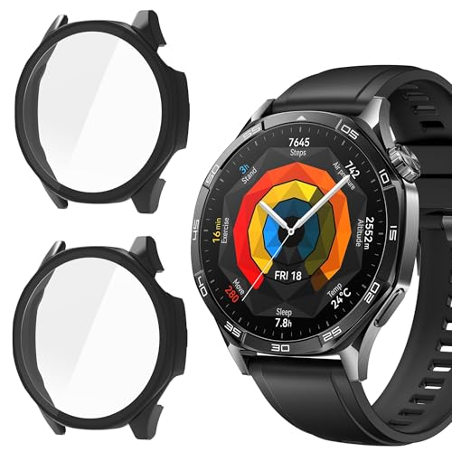 Blueshaweu Schutzhülle kompatibel für Huawei Watch GT 5 Smartwatch 46MM, Hard PC hülle mit Glas Displayschutz kompatibel mit Huawei Watch GT 5 46mm (Nicht GT5 Pro) (schwarz+schwarz) von Blueshaweu