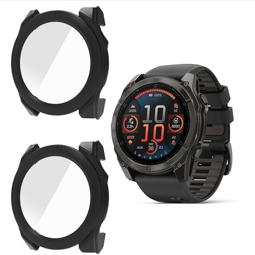 Blueshaweu Schutzhülle kompatibel mit Garmin Fenix 8 Serie, Hard PC hülle mit Glas Displayschutz für Fenix 8 43mm/ 47mm AMOLED,SOLAR / 51mm AMOLED,SOLAR (schwarz+schwarz, Fenix 8-47MM) von Blueshaweu