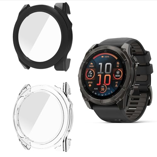 Blueshaweu Schutzhülle kompatibel mit Garmin Fenix 8 Serie, Hard PC hülle mit Glas Displayschutz für Fenix 8 43mm/ 47mm AMOLED,SOLAR / 51mm AMOLED,SOLAR (schwarz+transparent, Fenix 8-47MM) von Blueshaweu