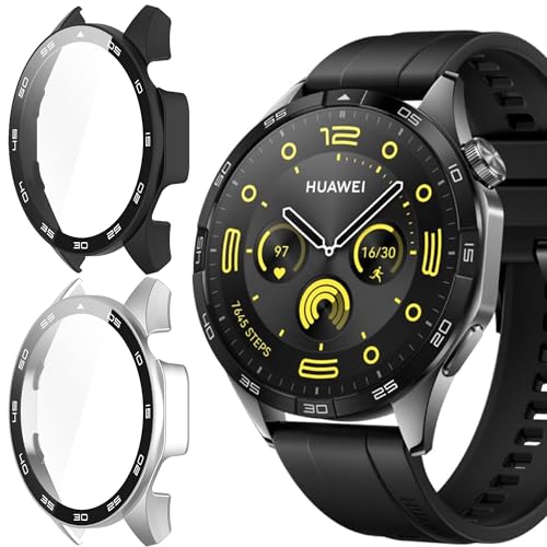 Blueshaweu Schutzhülle mit Skala für Huawei Watch GT 4 Smartwatch 46mm, Hard PC hülle mit Glas Displayschutz kompatibel mit Huawei Watch GT 4 46mm Smartwatch (schwarz+Silber) von Blueshaweu