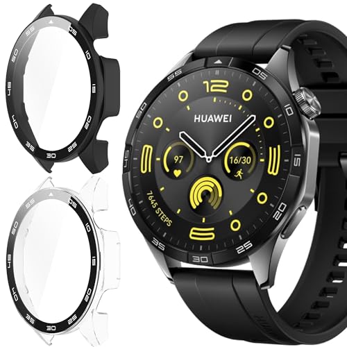 Blueshaweu Schutzhülle mit Skala für Huawei Watch GT 4 Smartwatch 46mm, Hard PC hülle mit Glas Displayschutz kompatibel mit Huawei Watch GT 4 46mm Smartwatch (schwarz+transparent) von Blueshaweu