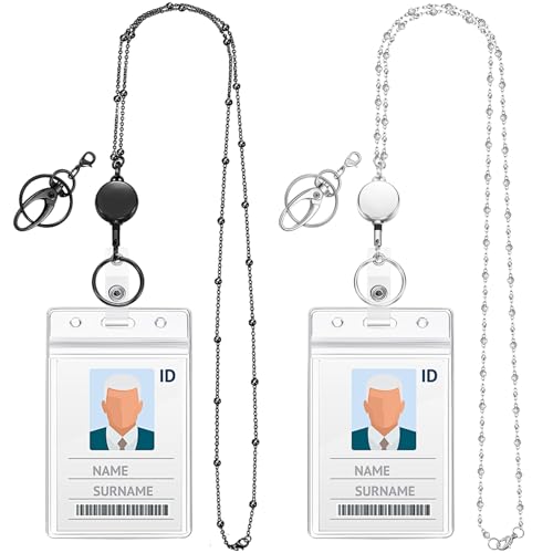 Blulu 2 Stück Perlenschnur für Damen mit Ausweishalter, einziehbare Edelstahlspule mit 2 wasserfesten Clips (Silber, Schwarz) von Blulu