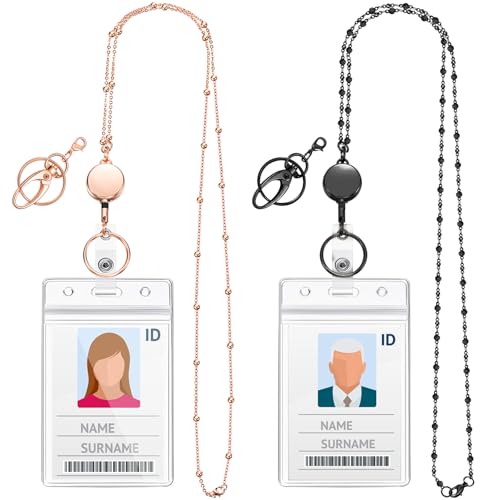 Blulu 2 Stück Perlenschnur für Damen mit einziehbarem Ausweishalter aus Edelstahl mit 2 wasserdichten Clips (Schwarz, Roségold) von Blulu