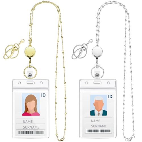 Blulu 2 Stück Perlenschnur für Damen mit einziehbarem Ausweishalter aus Edelstahl mit 2 wasserfesten Clips (Silber) von Blulu