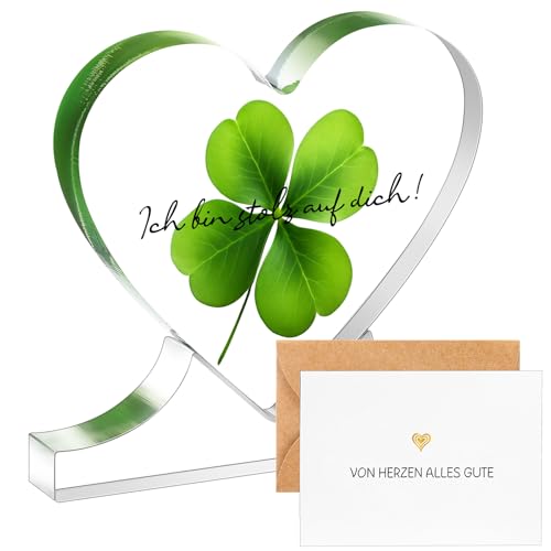 Blulu Viel Glück Geschenke für Kollegen Lehrerin Absolventen Ich Bin Stolz auf Dich Herz Acryl Tischdekoration mit Grußkarte Kleeblatt Glücksbringer Geschenk zu Weihnachten Geburtstag Abitur von Blulu
