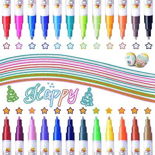 24 Farben Double Line Glitzerstifte, Outline Stifte Zauberstifte Metallic Stifte, Glossy Magic Pens für Malen, Steine, Scrapbook, Basteln von Blumad