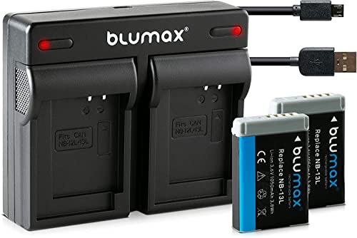 2X Akku + USB Dual-Ladegerät für Canon NB-13L NB13L mit InfoCHIP! / 1050mAh 3,6V für Canon PowerShot SX620 SX720 SX730 SX740 G1 X Mark III G5 X G7 X G9 X und G7 X Mark II G9 X Mark II von Blumax