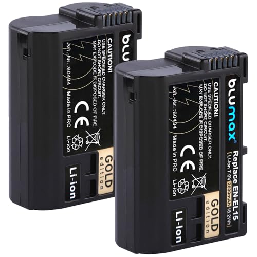 2X Blumax Akku kompatibel mit Nikon EN-EL15c |- 2600mAh -| EN-EL15b EN-EL15a EN-EL15 für Z8 Z7 II Z6 III Zf Z5 - D800 D850 D7100 D7500 - MH-25 MH-34 von Blumax