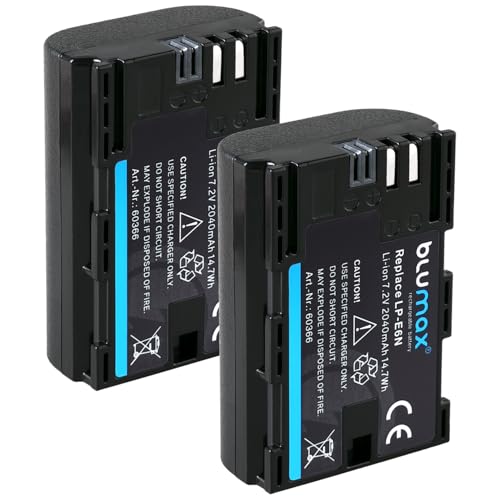 2X Blumax Akku kompatibel mit Canon LP-E6N | 2040mAh | LP-E6NH LP-E6 für Canon EOS-R EOS R Ra R5 R6 II R7-5D Mark II III IV - 6D 7D 60D 90D - XC15 von Blumax