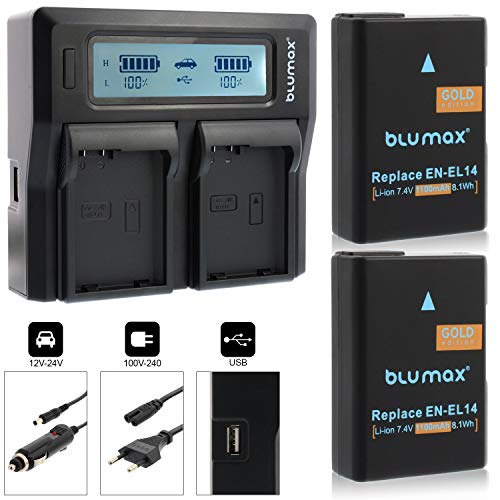 2X Blumax Akku ersetzt Nikon EN-EL14 / EN-EL14a mit 1100mAh + Dual-Ladegerät kompatibel mit Nikon D3100 D3200 D3300 D3400 D5100 D5200 D5300 D5500 D5600 - Coolpix P7100 P7000 P7800 von Blumax