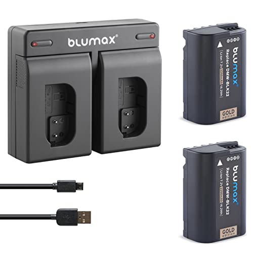 2X Blumax Akku ersetzt Panasonic DMW-BLK22 / DMW-BLK22E 2250mAh + Doppel-Ladegerät USB | komaptibel mit Panasonic Lumix DC S5 S5K G9 GH5 GH5 II GH5S GH6 von Blumax
