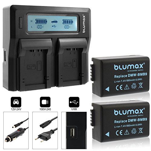 2X Blumax Akku ersetzt Panasonic DMW-BMB9 / DMW-BMB9E 890mAh + Doppelladegerät | kompatibel mit Panasonic Lumix DMC-FZ40-FZ45-FZ47-FZ48-FZ60-FZ62-FZ70-FZ72-FZ100-FZ150 Leica V-LUX 2/3 von Blumax