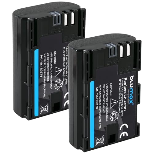 2X Blumax Akku kompatibel mit Canon LP-E6NH (2400mAh) mit Infochip - NTC-Sensor & V1-Gehäuse - kompatibel mit Canon EOS-R RA R6-MarkII R5 R5c R7, Schwarz von Blumax