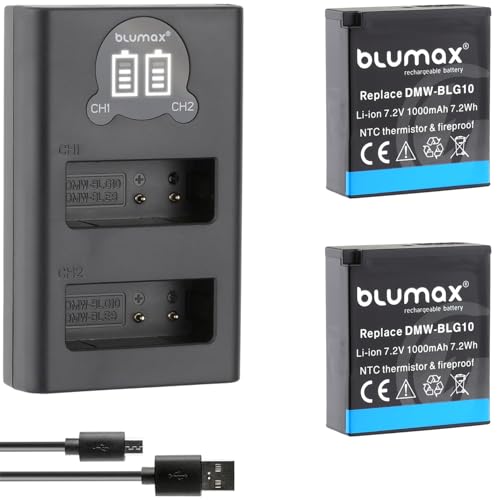 2X Blumax Akku kompatibel mit Panasonic DMW-BLG10 E [ 1000mAh ] mit NTC-Sensor & V1-Gehäuse + Slim Dual Charger DMW-BLG10E / DMW-BLE9 E/BP-DC15 E von Blumax