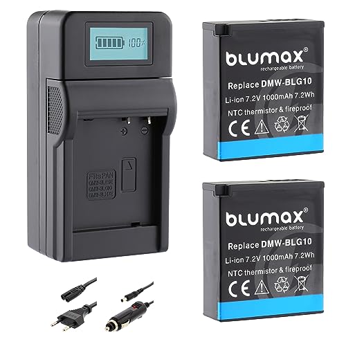 2X Blumax DMW BLG10e Akku 1000mAh (NTC Temperatursensor & V1 Gehäuse) + Turbo Ladegerät kompatibel mit Lumix DC GX9 TZ202 TZ91 DMC TZ101 TZ81 GF6 GX7 GX80 LX100 G110 von Blumax