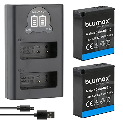 2X Blumax DMW BLG10e Akku 1025mAh + Slim Dual LCD-Ladegerät - kompatibel mit Panasonic Lumix DC-TZ95D DC-GX9 TZ202 TZ91 DMC TZ101 TZ81 GF6 GX7 GX80 LX100 G110 von Blumax
