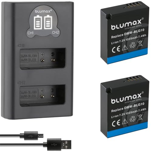 2X Blumax DMW BLG10e Akku 1025mAh + Slim Dual LCD-Ladegerät - kompatibel mit Panasonic Lumix DC-TZ95D DC-GX9 TZ202 TZ91 DMC TZ101 TZ81 GF6 GX7 GX80 LX100 G110 von Blumax