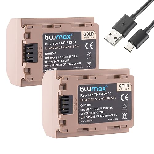 2X Blumax Gold Akku ersetzt Sony NP-FZ100 (2250mAh) mit USB Typ-C Ladebuchse - NTC-Sensor & V1-Gehäuse - für Sony FX30-7 IV 7c 7RIV 7RV 7RIII ZV-E1 von Blumax