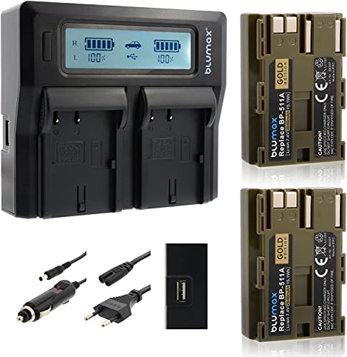 2X Blumax Gold Edition Akku BP-511 / BP-511A 2040mAh + Doppelladegerät BP-511 / BP-511A Dual Charger | passend zu Canon EOS 5D/ 10D/ 20D/ 300D/ 30D/ 40D/ 50D UVM || 2 Akkus gleichzeitig Laden 2X Blumax Gold Edition Akku BP-511 / BP-511A 2040mAh + Doppelladegerät BP-511 / BP-511A Dual Charger | passend zu Canon EOS 5D/ 10D/ 20D/ 300D/ 30D/ 40D/ 50D UVM || 2 Akkus gleichzeitig Laden von Blumax