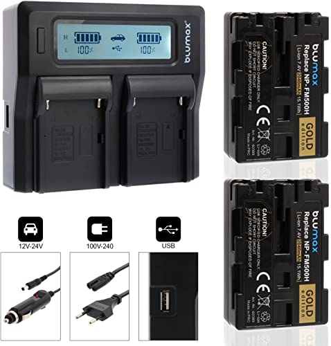 2X Blumax Gold Edition Akku ersetzt Sony NP-FM500H 2040mAh + Doppel-Ladegerät Dual Charger | kompatibel mit Sony Alpha DSLR/SLT Serie EVO II a57 a58 a68 a77/ ii a99 / ii | 2 Akkus gleichzeitig Laden von Blumax