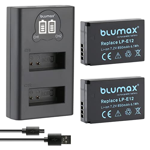 2X Blumax LP-E12 Akku 850mAh + Slim Dual LCD-Ladegerät - kompatibel mit Canon EOS M50 M10 M M100 M200 - SX70HS von Blumax