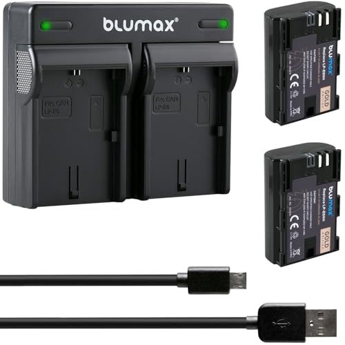 2X Blumax Akku kompatibel mit Canon LP-E6NH [ 2250mAh ] + Dual Charger LP-E6N LP-E6 für Canon EOS R R5 R6 II R7-5D Mark III IV - 6D 7D 60D 80D 90D von Blumax