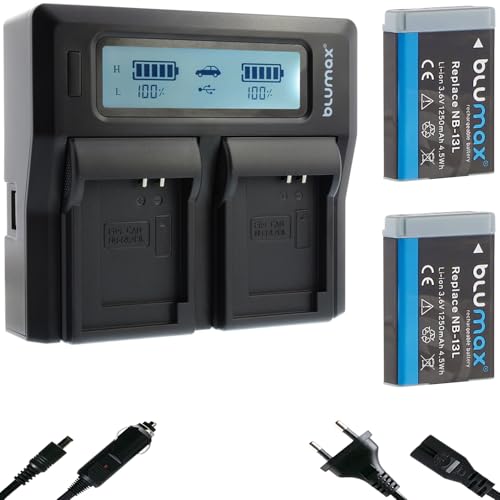 2X blumax Akku Ersatz für Canon NB-13L [ 1250mAh ] + LCD Dual Charger für PowerShot G1 X G7 X Mark III - G5 X G9 X Mark II - SX720 HS / SX740 HS von Blumax