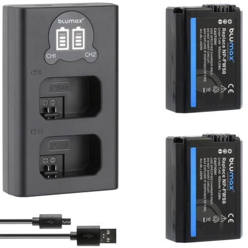 2X Blumax Akku kompatibel mit Sony NP-FW50 [ 950mAh ] + Slim Dual Charger für Alpha 7 7II 7R 7S II 6300 6500 / NEX-7 NEX-F3 / DSC RX10 IV // ZV-E10 von Blumax
