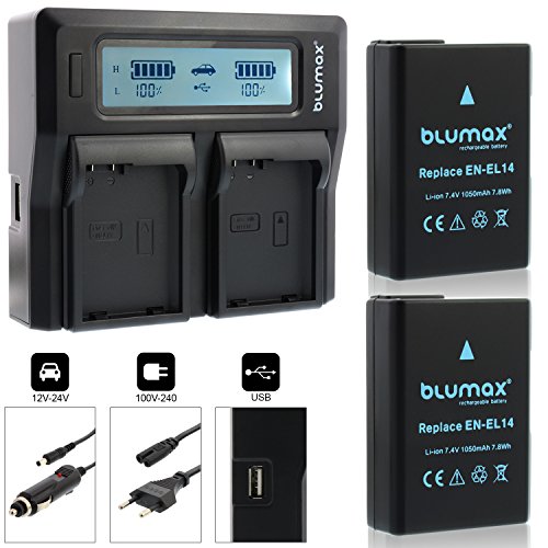 2x Blumax Akku kompatibel mit Nikon EN-EL14 / EN-EL14a 1050mAh + Doppelladegerät für EN-EL14 / EN-EL14a Dual Charger | DF-D3100-D3200-D3300-D3400-D5200-D5300-D5400-D5500 | Coolpix P7000-P7100-P7700-P7800 von Blumax