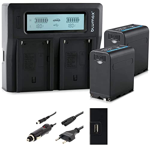 2xBlumax Akku ersetzt Sony NP-F980 / F970 / F750 / F550 / F960 - LG Zellen - 7850mAh mit 5V USB Ausgang (Powerbankfunktion) und DC Strom-Eingang + Doppel-Ladegerät Dual Charger von Blumax