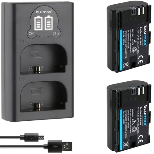 2X Blumax Akku kompatibel mit Canon LP-E6N [ 2040mAh ] + Slim Dual Charger LP-E6NH LP-E6 für Canon EOS R R5 R6 II R7-5D Mark III IV - 6D 7D 80D 90D von Blumax