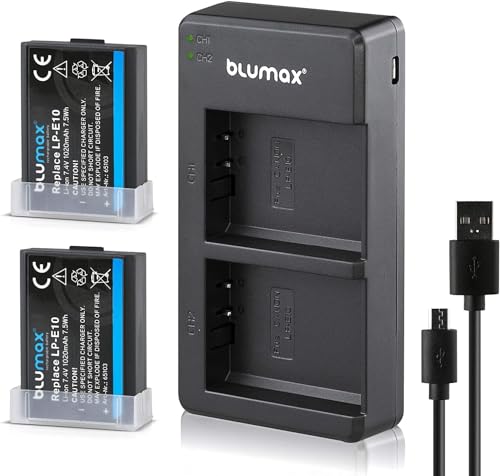 Blumax 2X Akku 1020mAh LP-E10 kompatibel mit Canon EOS 2000D 1300D 1200D 1100D 4000D + Slim Dual-Ladegerät LPE10 LC-E10E von Blumax