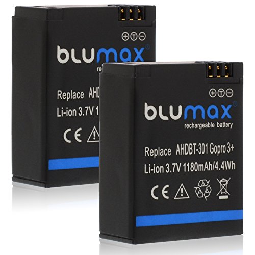 Blumax 2X Akku 1180mAh - ersetzt GoPro Hero 3 Plus 3+ / 3 Black, Silver, White - AHDBT-201, AHDBT-301, AHDBT-302, AHBBP-301, ACARC-001, AWALC-001 von Blumax