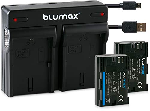 Blumax 2X Akku 2040mAh für Canon LP-E6N/LPE6N + USB Mini Dual-Ladegerät für Canon EOS-R, EOS R, XC10 XC15 EOS 60D 70D 80D 5D Mark I Mark II Mark III IV 6D Mark I II 7D Mark I II von Blumax