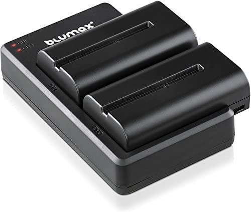 Blumax 2X Akku NP-F550 / NP-F750 2400mAh + Slim Dual Ladegerät | kompatibel mit Sony NP-F970 NP-F960 NP-F990 für Blitzgeräte Videoleuchten Fieldmonitore von Blumax