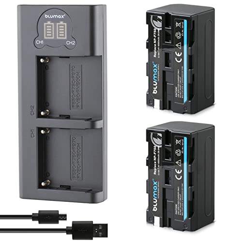 Blumax 2X Akku NP-F750 / NP-F550 4000mAh + Slim Dual Ladegerät | kompatibel mit Sony NP-F970 NP-F960 NP-F990 für Blitzgeräte Videoleuchten Fieldmonitore von Blumax