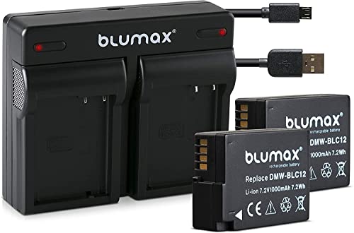 Blumax 2X Akku ersetzt Panasonic DMW-BLC12 / DMW-BLC12-E 1000mAh + Mini Dual-Ladegerät USB | kompatibel mit Lumix DMC: G5 | G6 | GX8 | G70 | G81 | GH2 | FZ200 | FZ300 | FZ1000 | FZ2000 | Leica V-Lux 4 von Blumax