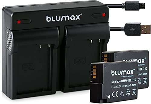Blumax 2X Akku ersetzt Panasonic DMW-BLC12 / DMW-BLC12-E 1100mAh + Mini Dual-Ladegerät USB | kompatibel mit Lumix DMC: G5 | G6 | GX8 | G70 | G81 | GH2 | FZ200 | FZ300 | FZ1000 | FZ2000 | Leica V-Lux 4 von Blumax