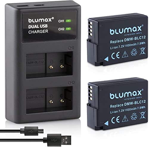 Blumax 2X Akku ersetzt Panasonic DMW-BLC12 / DMW-BLC12-E 1100mAh + USB Dual-Ladegerät USB | kompatibel mit Lumix DMC: G5 | G6 | GX8 | G70 | G81 | GH2 von Blumax