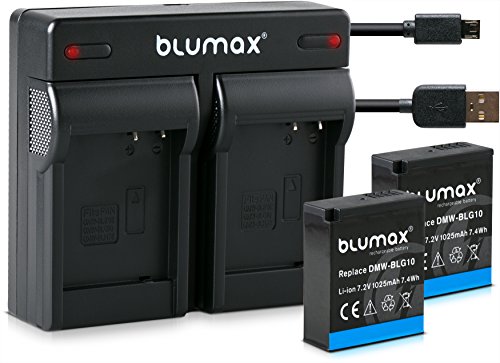 Blumax 2X Akku ersetzt Panasonic DMW-BLG10 e 1025mAh + Mini Dual-Ladegerät kompatibel mit DC-TZ95D DC-GX9 TZ202 TZ91 DMC TZ101 TZ81 GF6 GX7 GX80 LX100 G110 von Blumax