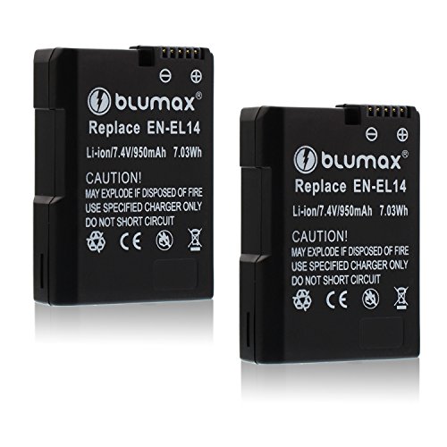 Blumax 2X Akku für Nikon EN-EL14 / EN-EL14a 950mAh |kompatibel mit Nikon DF-D3100-D3200-D3300-D5200-D5300-D5400-D5500 | Coolpix P7000-P7100-P7700-P7800 von Blumax