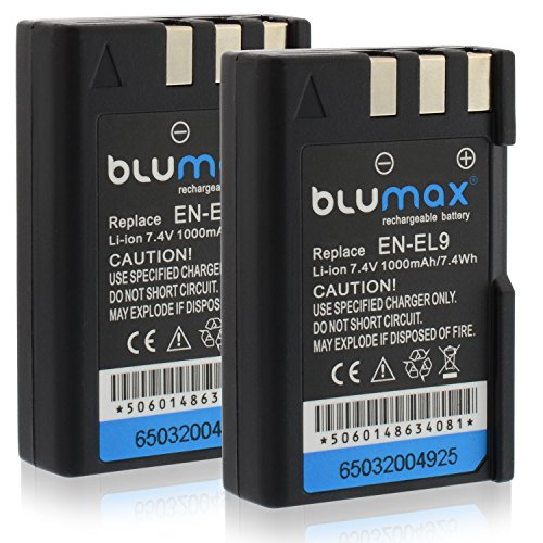 Blumax 2X Akku für Nikon EN-EL9/EN-EL9e/EN-EL9a 1000mAh | kompatibel mit Nikon D40-D40X-D60-D3000-D5000 von Blumax