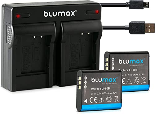 Blumax 2X Akku für Olympus Li-90b / Li-92b 1100mAh + Dual-Ladegerät USB | ersetzt Olympus XZ-2 Tough TG-1 TG-2 TG-3 TG-4 TG-5 SH-50 SH-60 SP-100 EE Traveller SH-1 SH-2 von Blumax