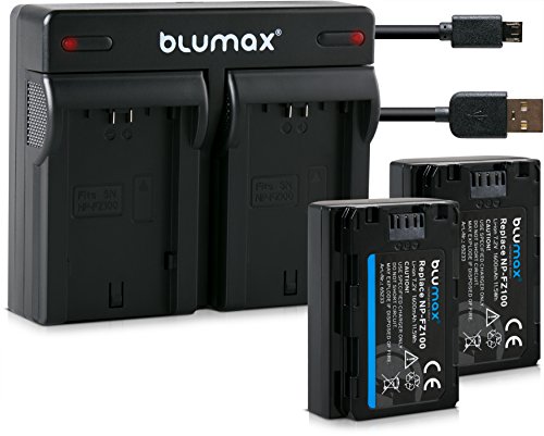 Blumax 2X Akku für Sony NP-FZ100 1600mAh + Mini Dual-Ladegerät NP-FZ100 Charger | passend zu Sony Alpha 7 III/Alpha 7R III/Alpha 9 || inkl. Micro USB-Kabel von Blumax
