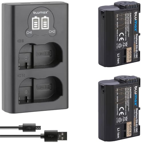 2X Blumax Akku kompatibel mit Nikon EN-EL15 [ 2250mAh ] + Slim Dual Charger EN-EL15c EN-EL15b EN-EL15a für D800 D850 D7200 D7500 Z8 Z7 II Z6 II Z5 Zf von Blumax