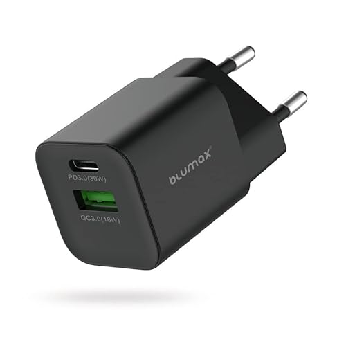 Blumax 30W 2-Port USB-C & USB-A Schnellladegerät kompatibel mit iPhone 14,13,12,11 & Samsung Galaxy S23 Ultra, S22, S22+, Note 10/10+/20 von Blumax