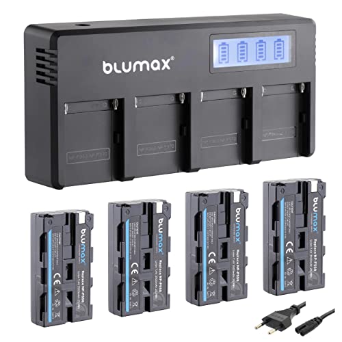 Blumax 4X Akku NP-F550 / NP-F570-3500mAh LG Zellen + LCD 4-Kanal Schnell-Ladegerät | kompatibel mit Sony NP-F530 NP-F960 für Blitzgeräte Videoleuchten Fieldmonitore von Blumax