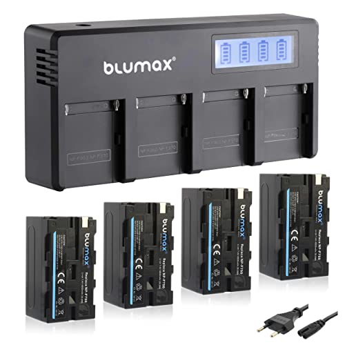Blumax 4X Akku NP-F750 / NP-F550-4400mAh + LCD 4-Kanal Schnell-Ladegerät | kompatibel mit Sony NP-F570 NP-F960 für Blitzgeräte Videoleuchten Fieldmonitore von Blumax