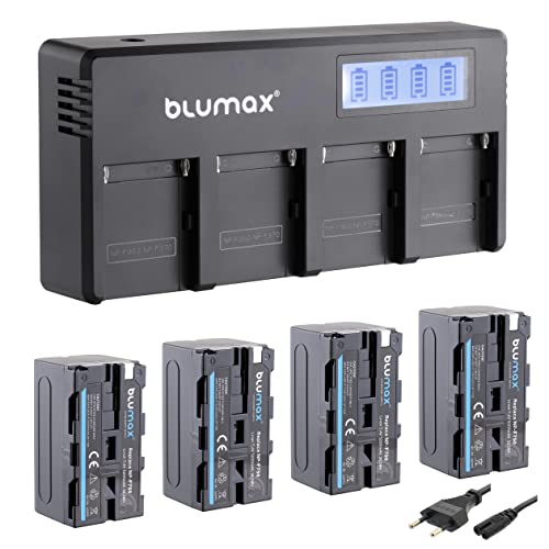 Blumax 4X Akku NP-F750 / NP-F570-5200mAh LG Zellen + LCD 4-Kanal Schnell-Ladegerät | kompatibel mit Sony NP-F530 NP-F550 für Blitzgeräte Videoleuchten Fieldmonitore von Blumax