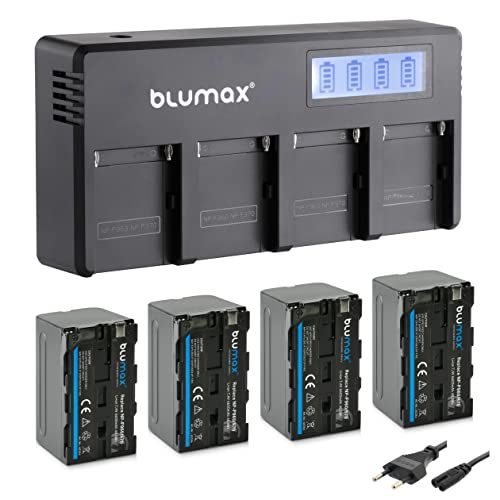 Blumax 4X Akku NP-F970 / NP-F750-6600mAh + LCD 4-Kanal Schnell-Ladegerät | kompatibel mit Sony NP-F570 NP-F960 für Blitzgeräte Videoleuchten Fieldmonitore von Blumax